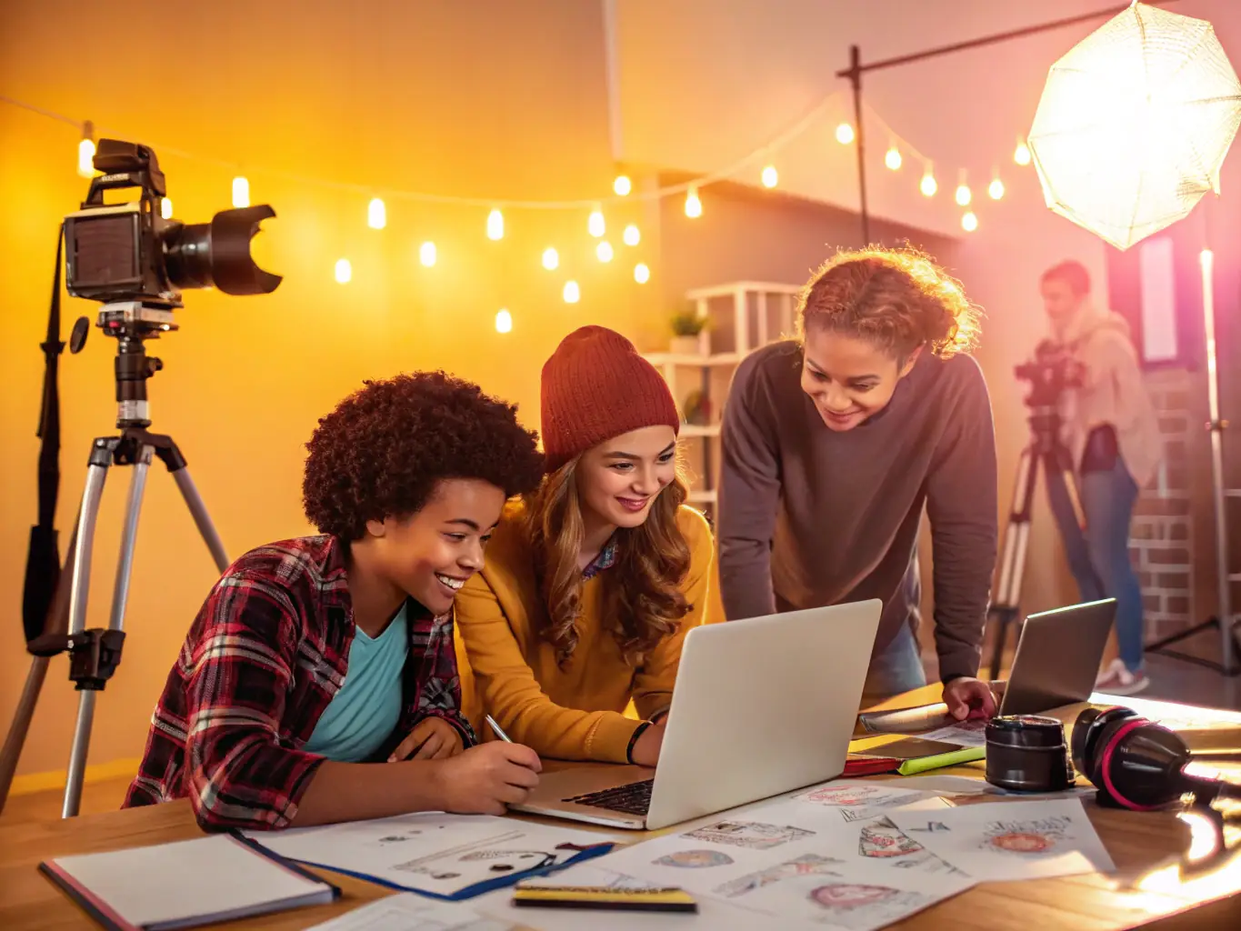 A vibrant image showcasing young participants collaborating on a music production project at YinC Ent, highlighting teamwork and creative expression.
